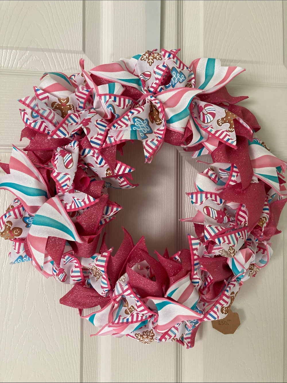 HANDMADE PINK BLUE WREATH GLITTER CHRISTMAS GINGERBREAD RIBBON COTTAGECORE